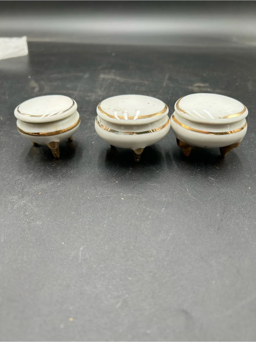 Set of 3 Small White Porcelain Footed Trinket Boxes with Gold Trim